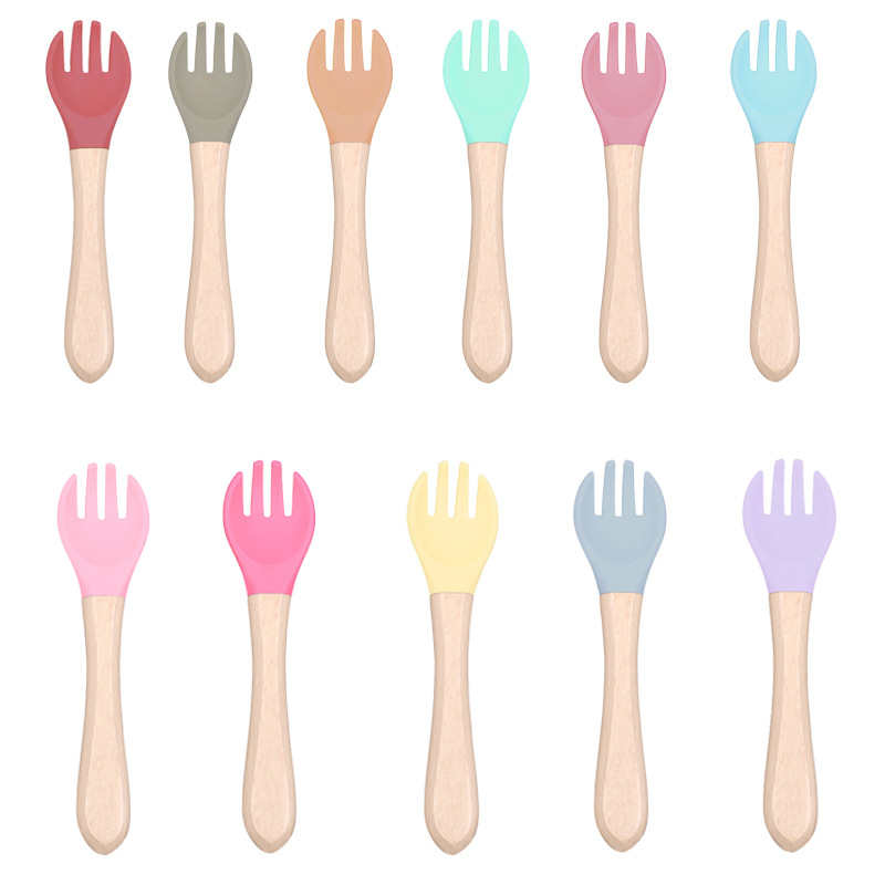 婴儿硅胶榉木勺叉软勺子叉子宝宝餐具套装儿童学吃饭硅胶叉子勺子