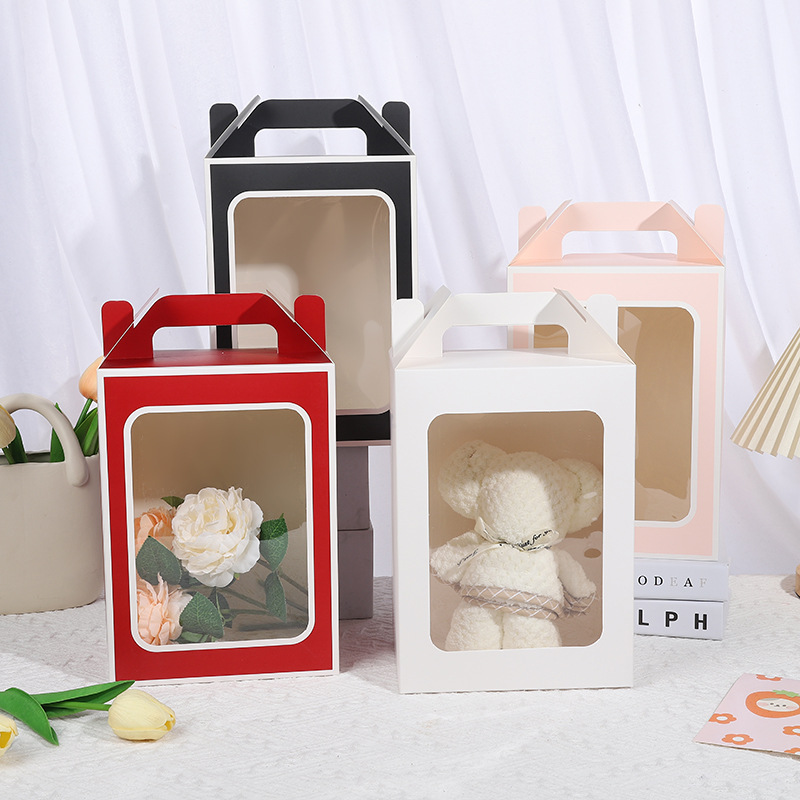 Medium-sized simple gift box, flower gift box, creative doll packaging, hand-held gift bag, transparent windowed gift box full figure