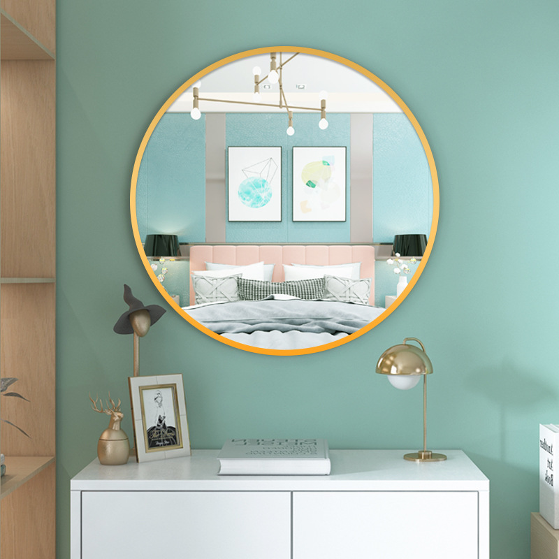 Bedroom Makeup Mirror Round Home Wall Hanging No Punch Dressing Table Light Luxury Wall Mesh Red Beauty Salon details Picture
