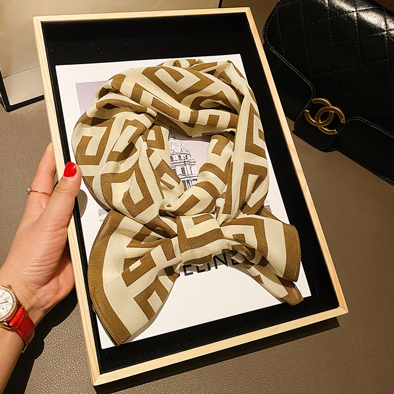 Fashionable Coffee Edge Back Word Pattern Silk Long Scarf Spring Summer Fresh Simple Temperament 100% Mulberry Silk Scarf Scarf