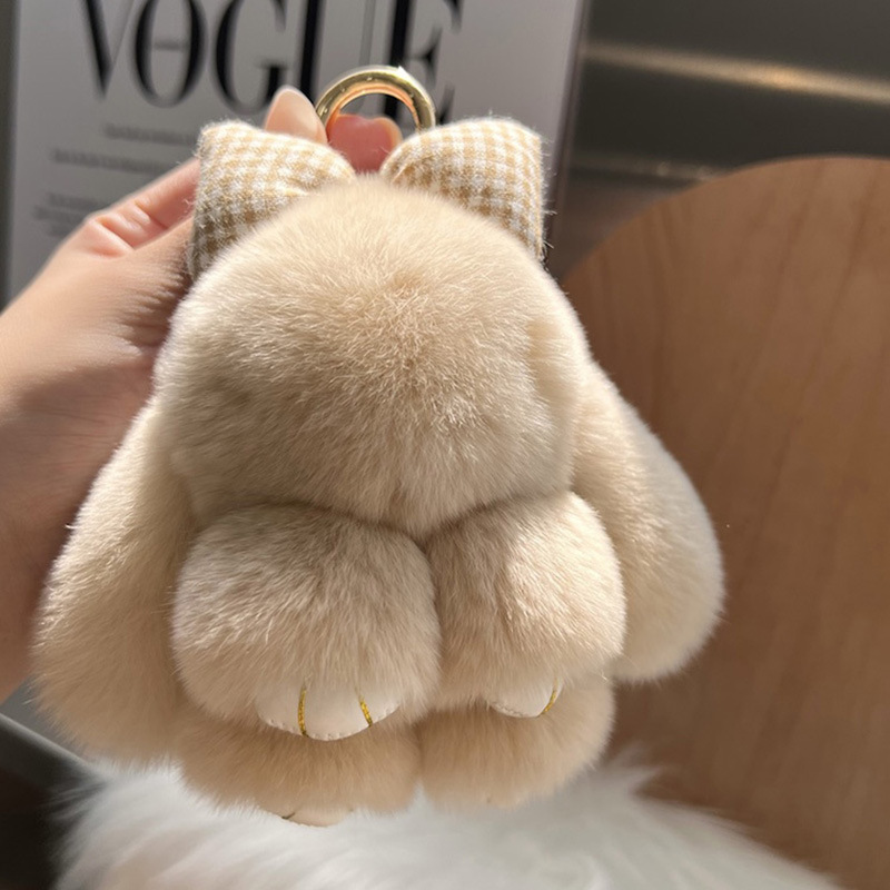 Cute Rex rabbit fur bow, little rabbit, car keychain, pendant, ins plush toy, schoolbag