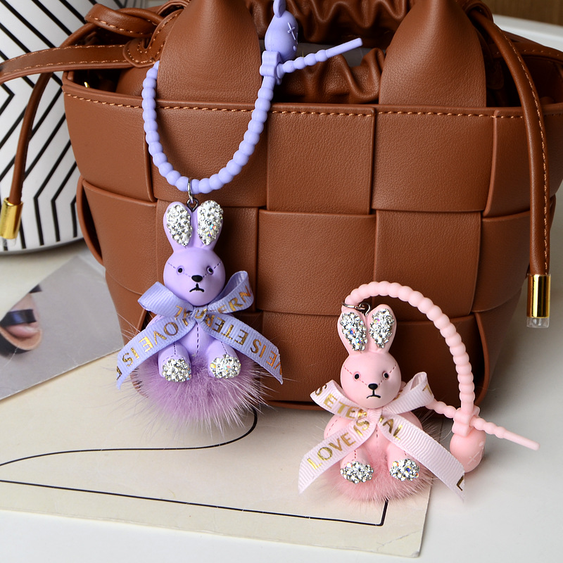 New Diamond Rabbit Keychain Creative Mink Hair Bag Pendant Resin Cartoon Doll Small Gift details Picture