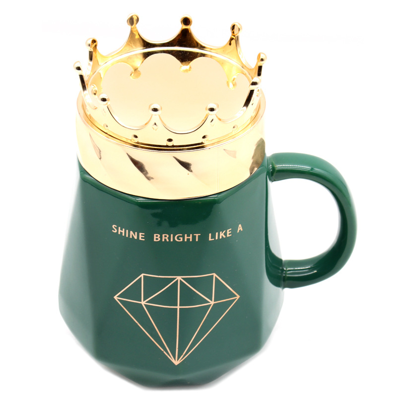 热卖创意镀金镜面皇冠盖陶瓷杯带柄勺套装马克杯大容量咖啡杯加绒办公个人商务礼品杯支持客人logo