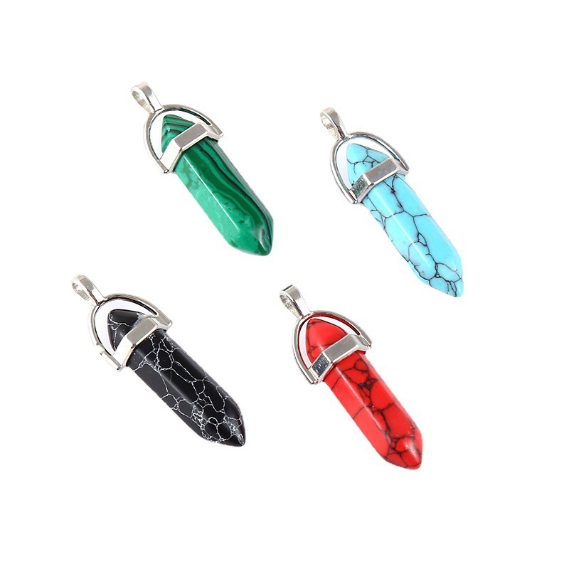 Amazon hot selling synthetic turquoise-hexagon pillar warhead pendant necklace foreign trade quartz Poin pendant turquoise-hexagon pendant necklace jewelry European and American foreign trade Item Picture
