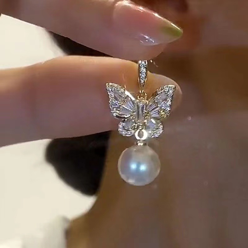 气质锆石蝴蝶耳环女珠珠耳坠轻奢高级感耳钩小众设计时尚耳饰 Specification image