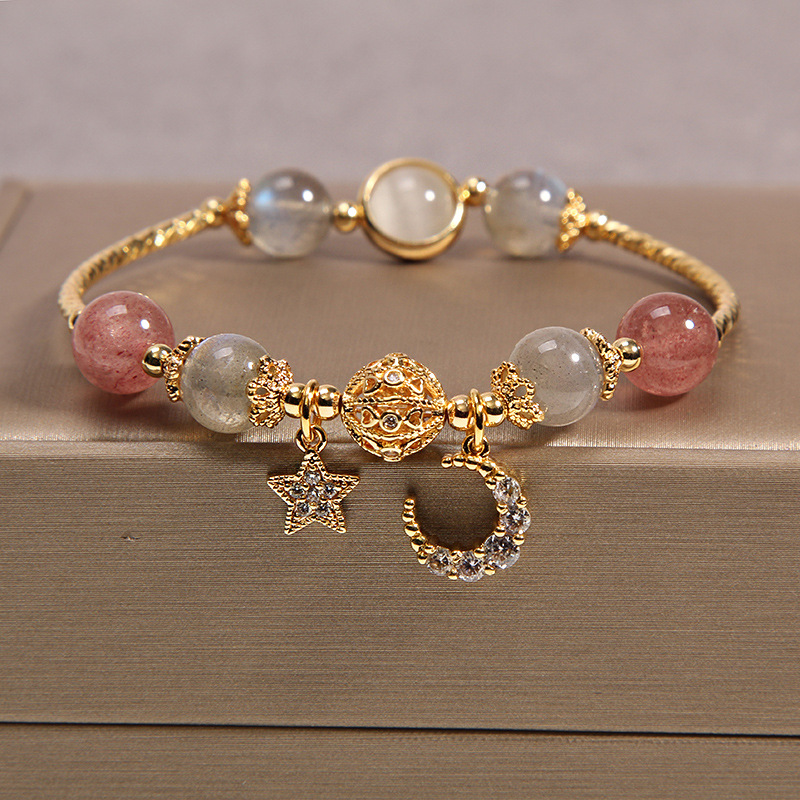 Natural moonstone crystal bracelet for women, strawberry crystal star and moon love bracelet, Instagram niche design