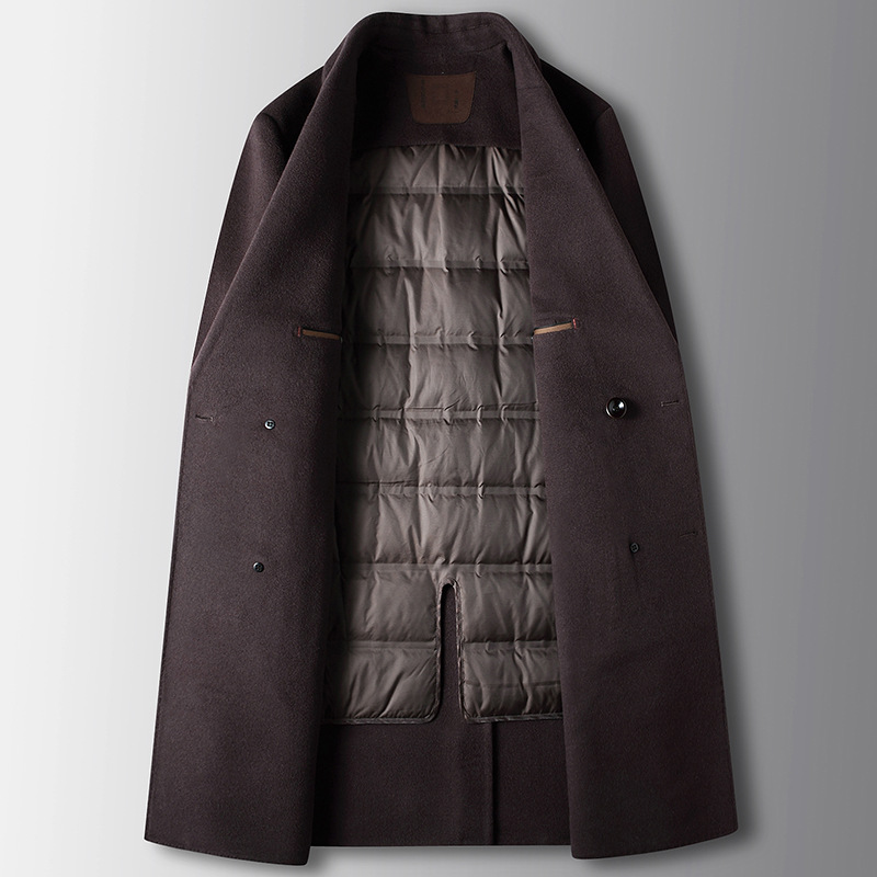Abrigo de hombre otoño invierno doble botonadura de lana trench dump ganso pluma forro interior juventud casual de doble cara tweed abrigo térmico Specification image