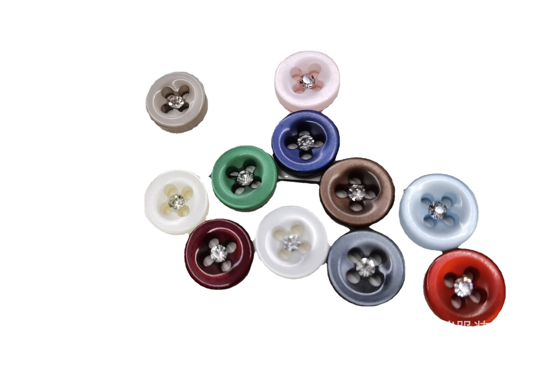 Candy-colored four-eye pearl diamond button, 11.5MM dark eye wide edge bright white base resin plastic button Specification image