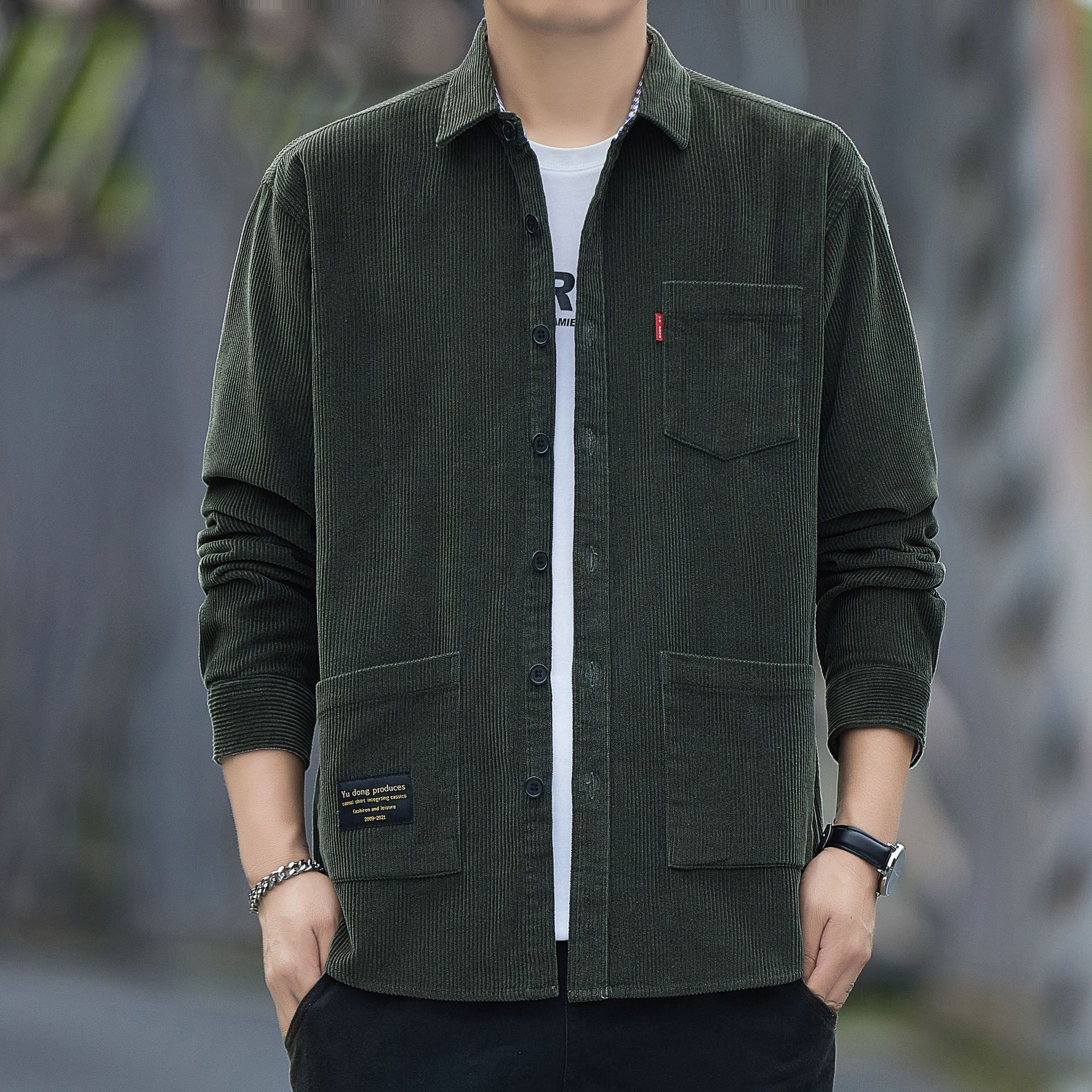 Autumn's heavyweight pure cotton corduroy long-sleeved shirt for men, Hong Kong-style casual workwear, corduroy shirt jacket, loose and trendy Specification image