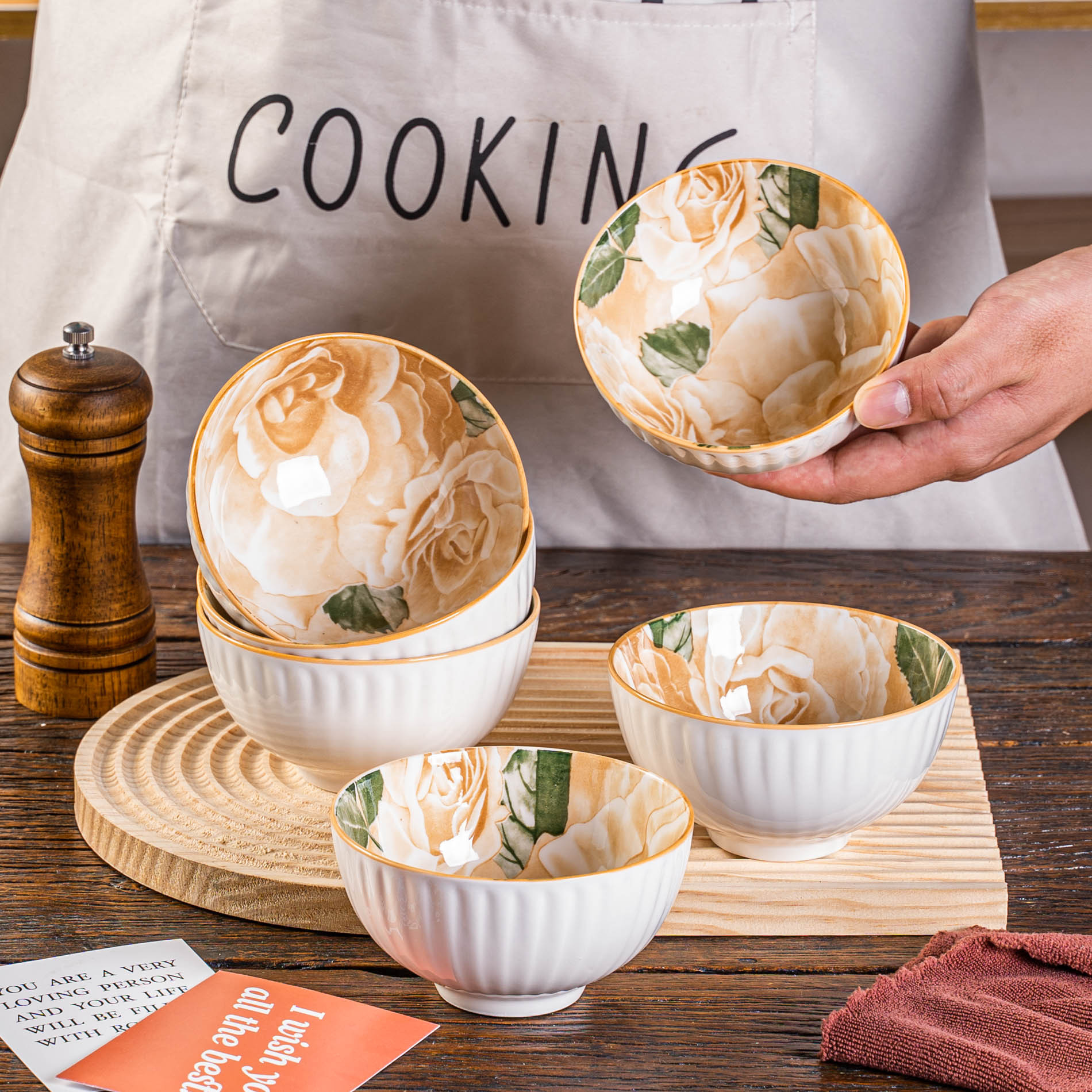 釉下彩陶瓷4.5英寸米饭碗汤碗家用商端中式餐具灰黄牡丹套装6个装图