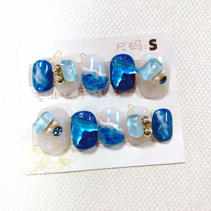纯手工穿戴甲成品假指甲贴片果冻胶10片猫眼晕染彩绘短短梯s号详情9