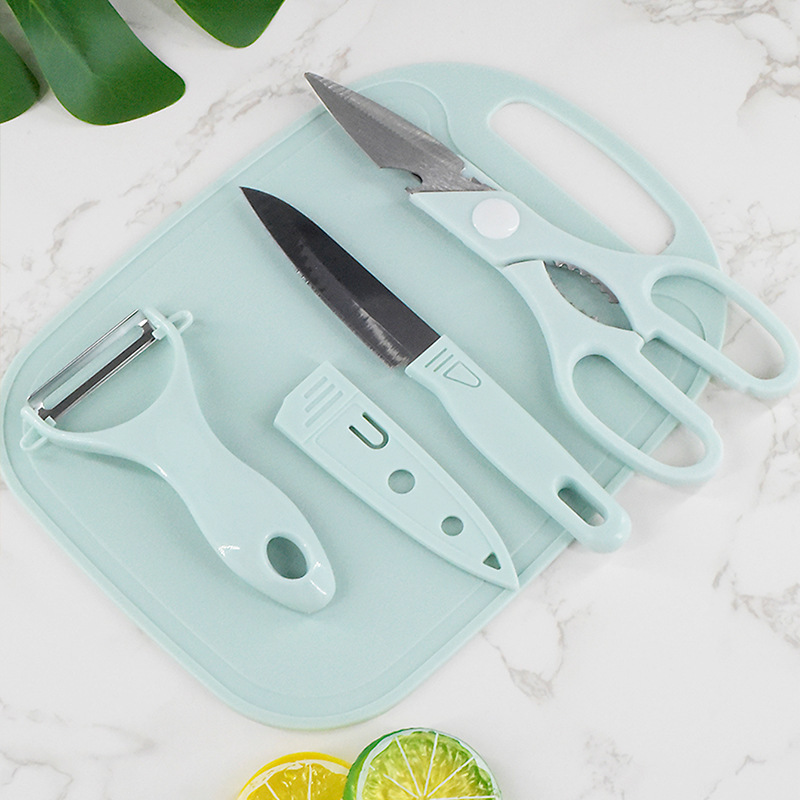 雅尚普批发 4件套不锈钢水果刀套装塑料菜板削皮器 厨房刀具套装图