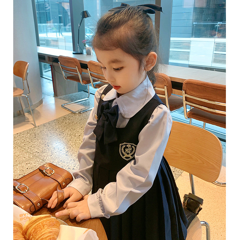 Girls' school style dress for children 2022 new style shirt dress Fake two pieces baby stylish princess dress 81009