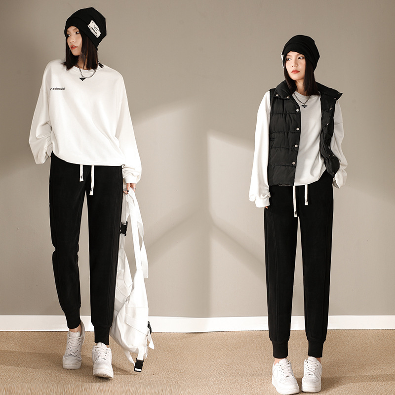 The manufacturer's winter nano windproof pants, autumn women's tapered high-waisted, fleece thickened, loose and versatile casual sports sweatpants details Picture