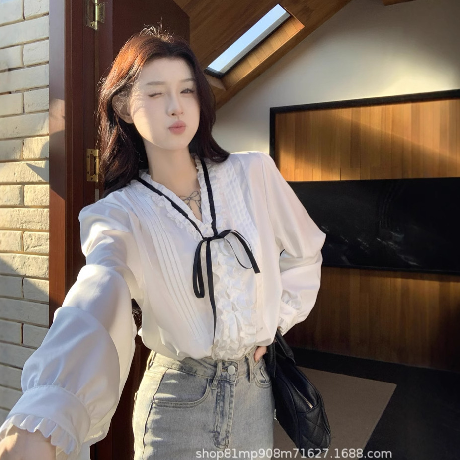 法式千金早春压褶小众气质名媛甜美系带蝴蝶结衬衫女长袖白衬衣女