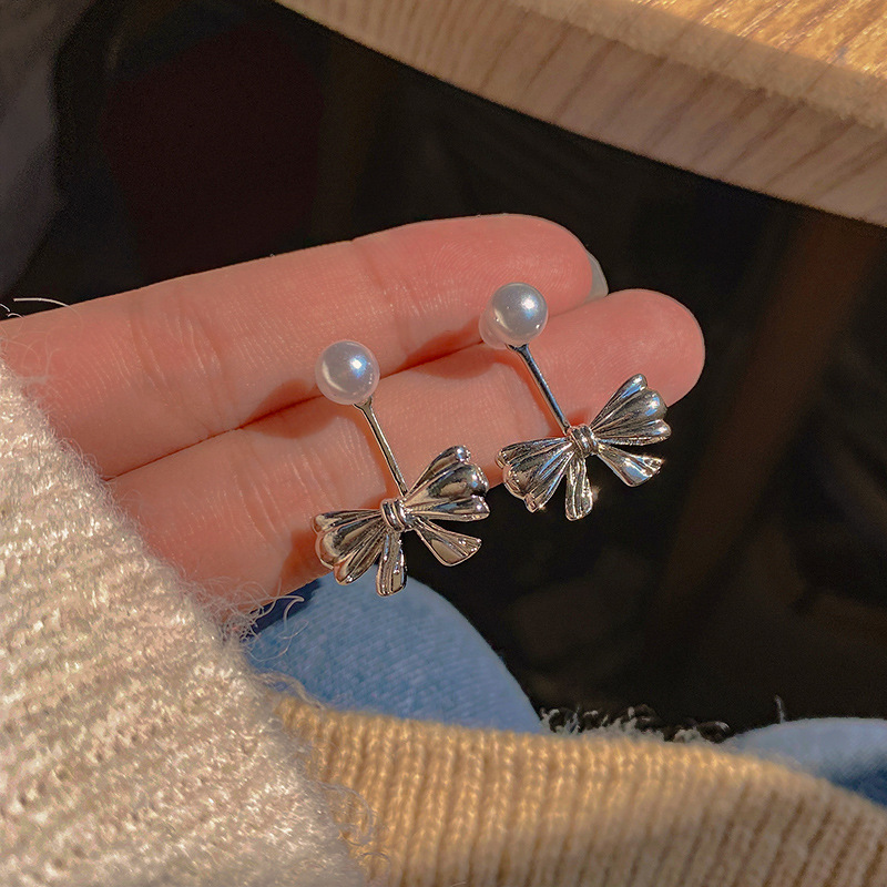 S925 Silver Needle Back Hanging Pearl Bow Earrings Cold Wind Everything Temperament Earrings Stud Korean Trend Earrings Female