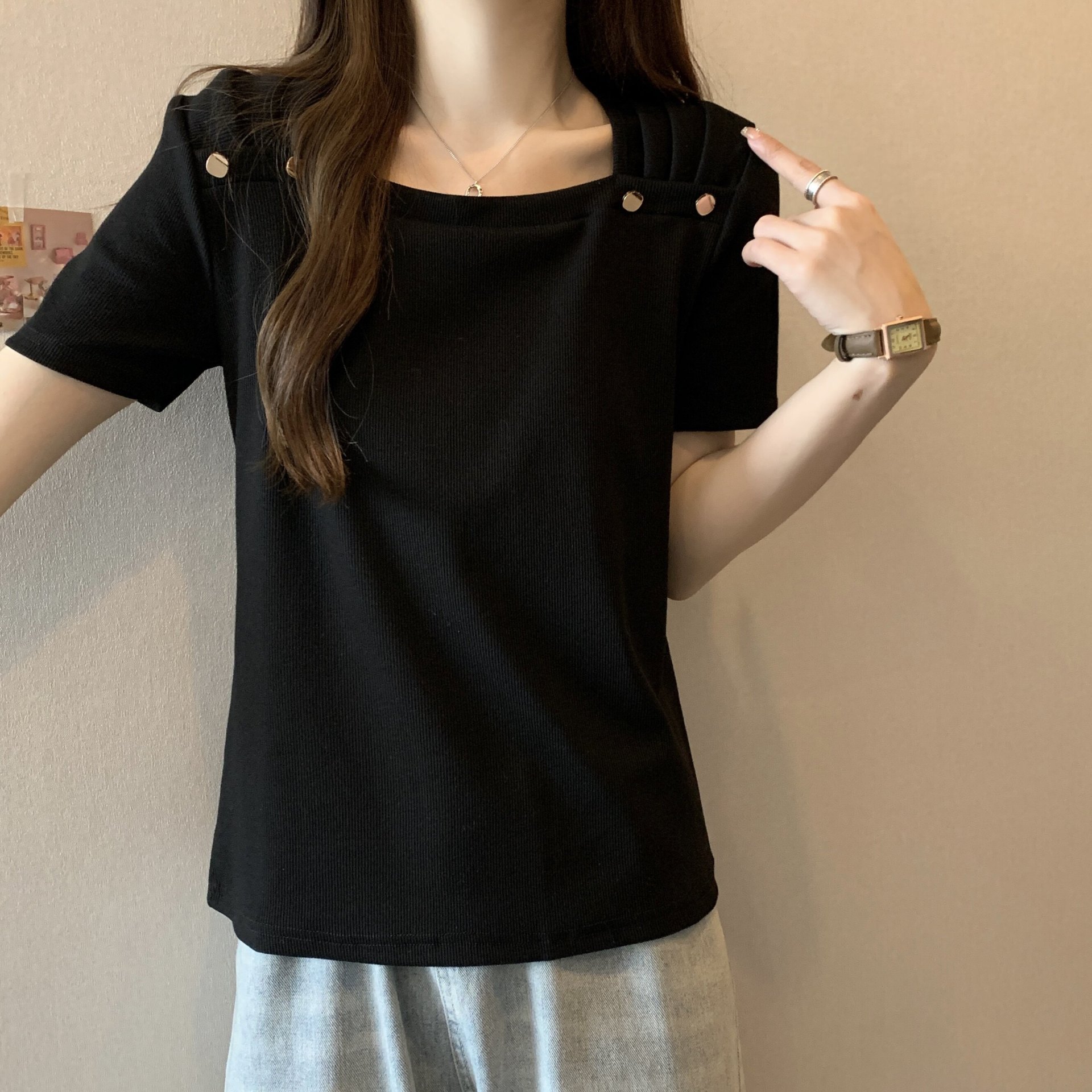 方领正肩短袖t恤女2026年夏季显瘦宽松设计感欧货短袖上衣A11743详情15