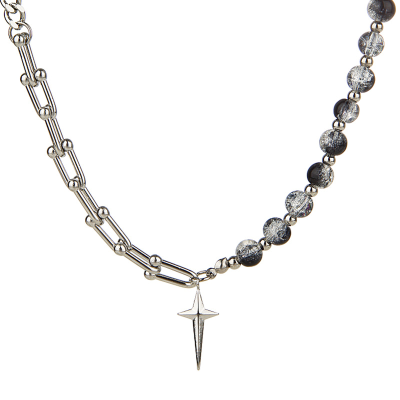 Black and white ice-cracked beaded star patchwork necklace for men and women, retro and trendy collarbone chain, cool and trendy hoodie chain accessory Item Picture