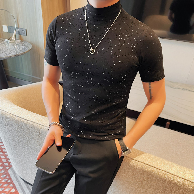 A mature young man's "Starry Sky" powder-sprinkled T-shirt for men, a half-high-neck short-sleeved base layer, a slimming T-shirt, versatile half-sleeved details Picture