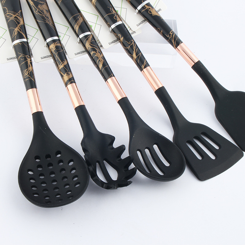 Cross-border household heat resistant non-stick pan spatula slotted spoon half wooden handle half food grade silicone kitchenware set Specification drawing