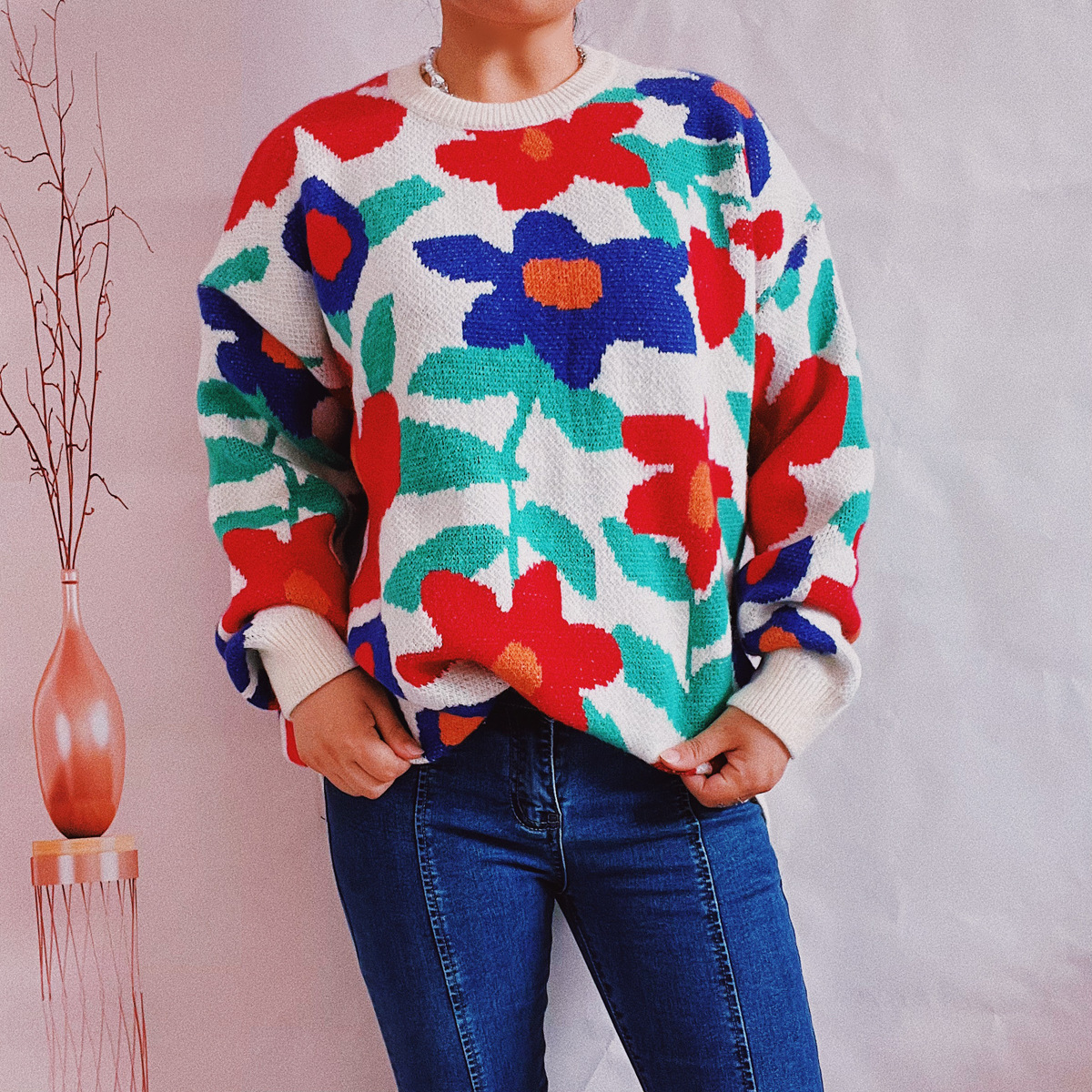 New autumn and winter thickened and enlarged colorful large floral knitted round-neck long-sleeved pullover sweater Specification image
