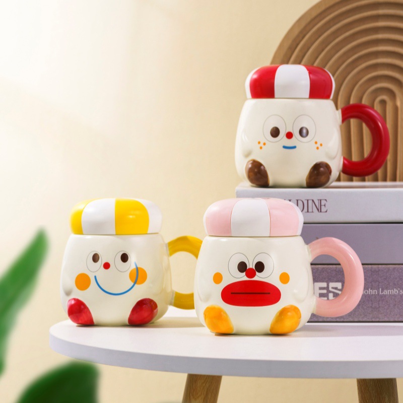 Clown expression cup, cute covered mug, funny couple water cup, cartoon pattern cup, high appearance level breakfast cup