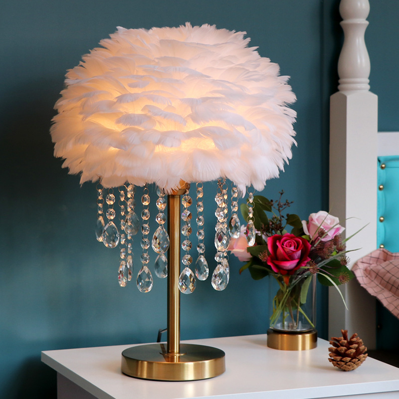 Crystal Desk Lamp Bedroom Ins Girl Simple Modern Creative Nordic Feather Lamp Warm Romantic Wedding Bedside Lamp details Picture