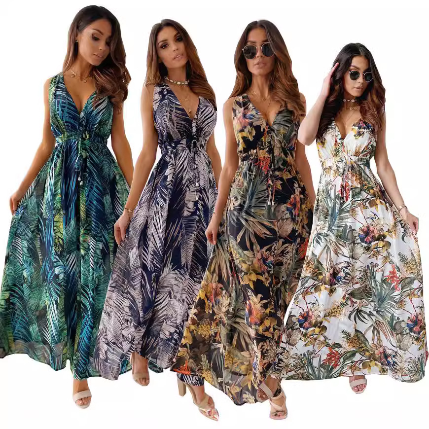 wish, an independent foreign trade website in Europe and America, offers a new summer dress with printed backless straps for Amazon in 2021 full figure