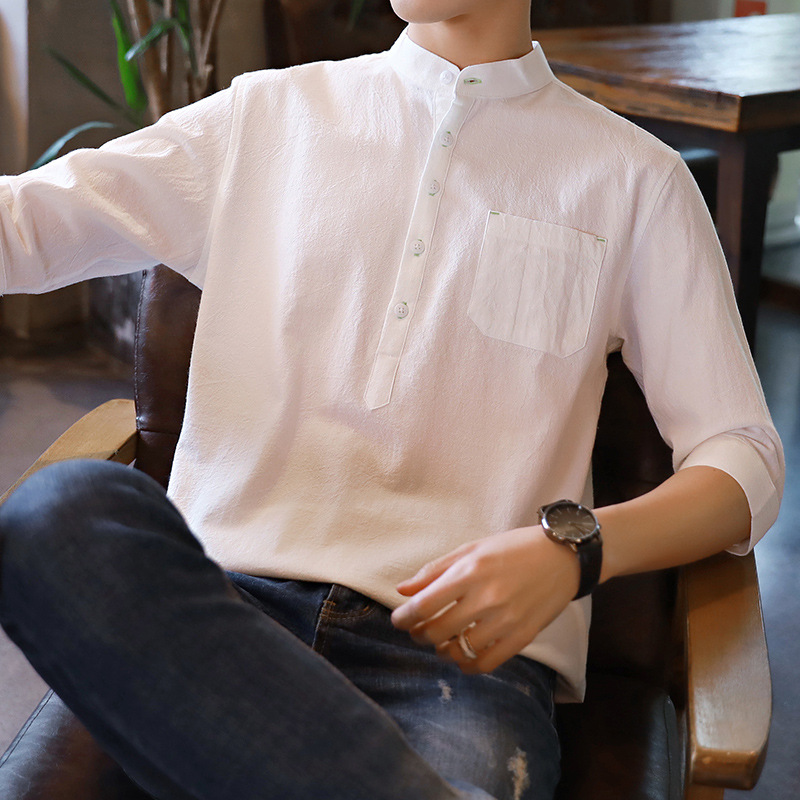 衬衫男士夏季韩版潮流帅气休闲百搭亚麻上衣七分短袖男装白色衬衣