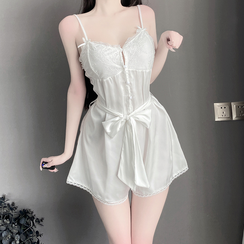 Sexy slip skirt gauze gauze thin perspective female pure spicy hollow-out binding nightdress full figure