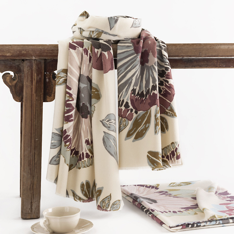 2023 Printed Scarf Women's Winter New Imitation Cashmere Scarf Warm Cold Neck Literary Retro Style Cape