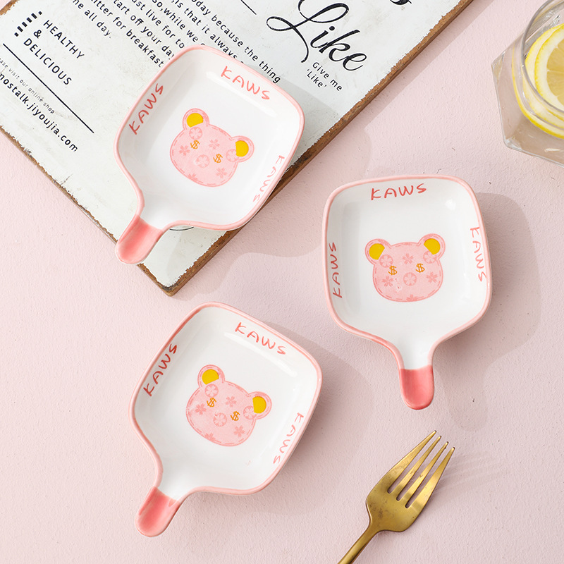 [3 Sets] Home Internet Red Cartoon Girl Heart Cute Pink Violence Bear Ceramic Dipping Saucer Set Application Scenario