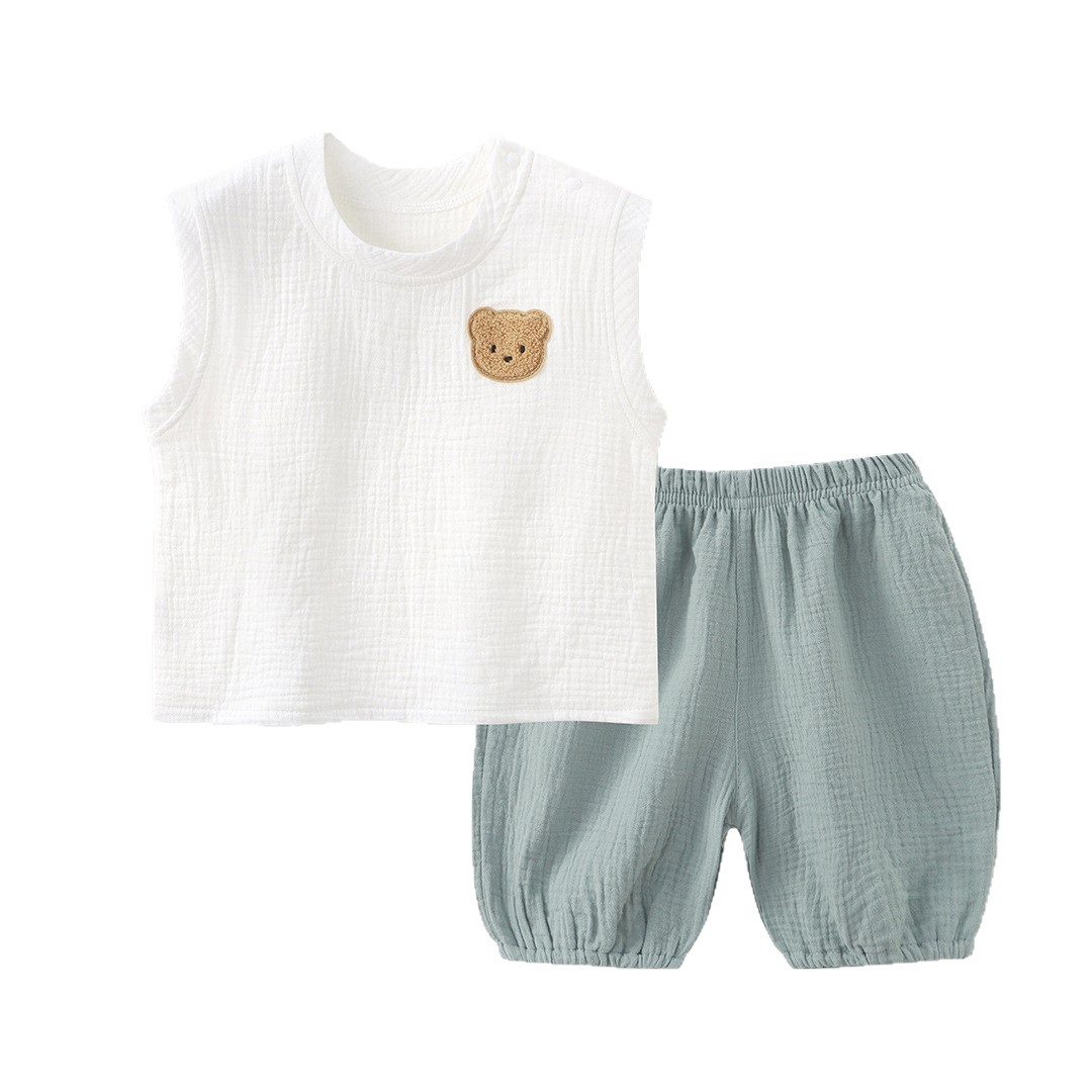 儿童夏季套装韩版宽松新款舒适透气棉纱拼色背心短裤外穿两件套白底实物图