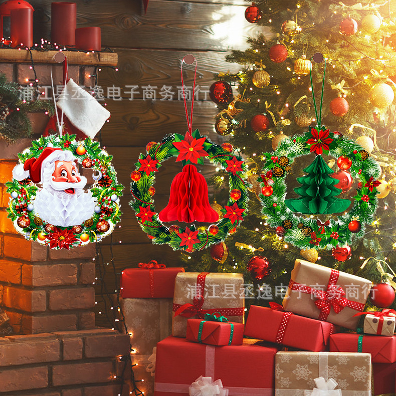 跨境新款圣诞节花环挂饰圣诞老人圣诞树铃铛挂饰派对氛围装饰布置