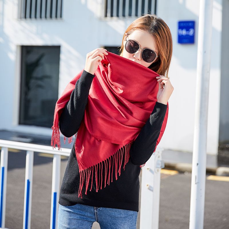 Cashmere Imitation 6 Solid Color Scarf Women's Single Color Thick Warm Tassel Shawl Collar Red Scarf Wholesale Hair Specification drawing