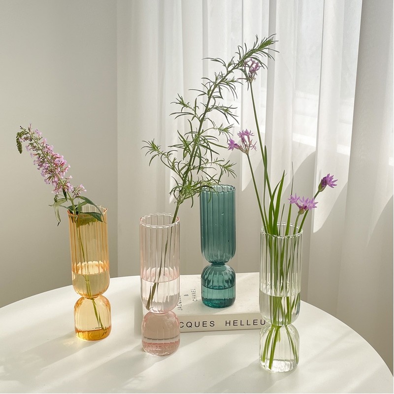 北欧创意条纹透明玻璃花瓶摆件简约现代干花器客厅餐桌面装饰