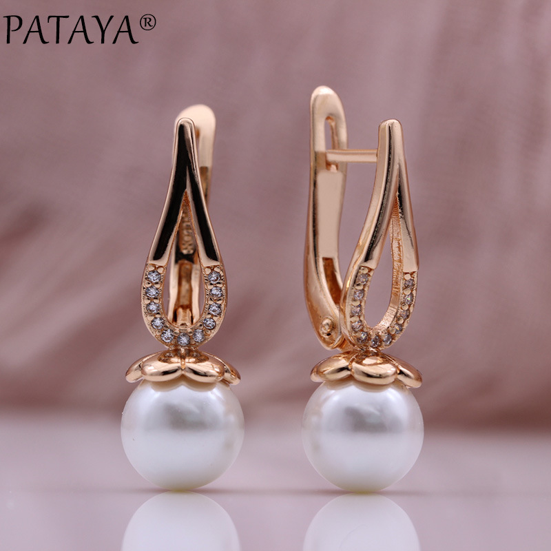 PATAYA585 rose gold electroplated earrings, cross-border AliExpress hollowed-out micro-inlaid zircon pearl earrings