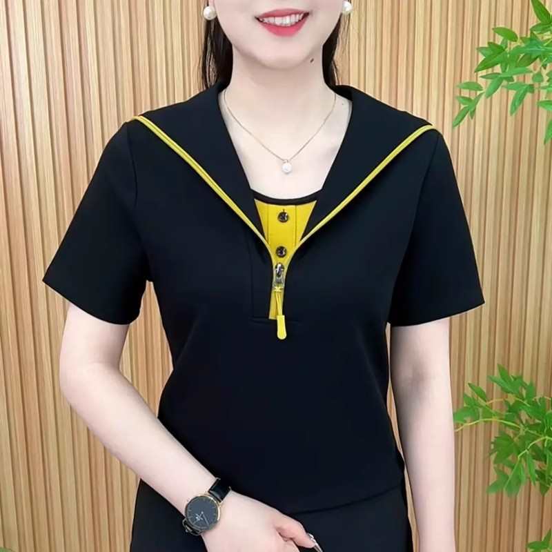 In the summer of 2025, a solid-color fake two-piece zipper short-sleeved top for women is a fashionable and versatile outfit that can hide flaws and make you look slimmer. It's a mom outfit Specification image