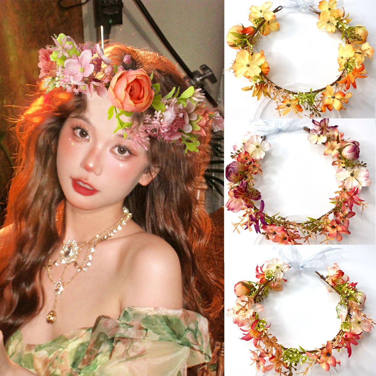A popular forest-themed simulation garland, a high-end and ethereal bride's flower headpiece, a scenic area atmosphere for taking photos, and a pink hairband for women details Picture