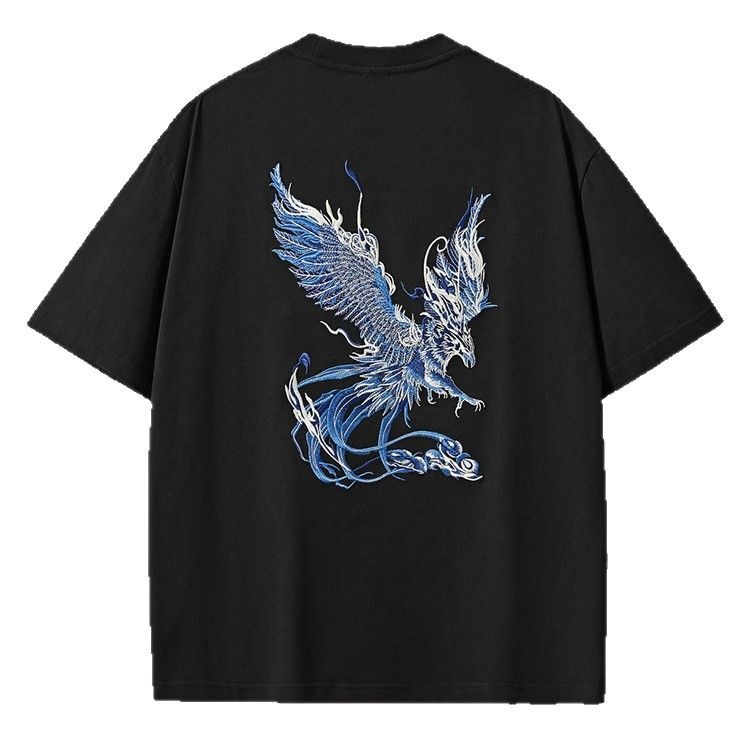 国潮夏季新款260克重磅纯棉短袖t恤男中国风凤凰刺绣宽松大码男装批发