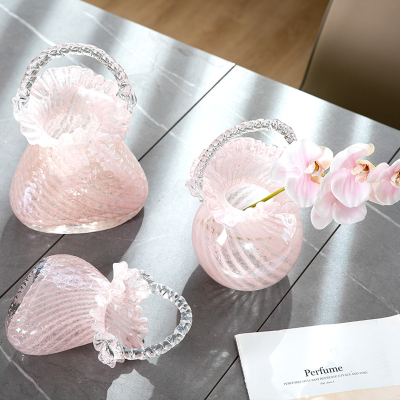 粉色浪花提手水培包包琉璃花瓶玻璃客厅样板房软装摆件餐桌装饰品详情图4