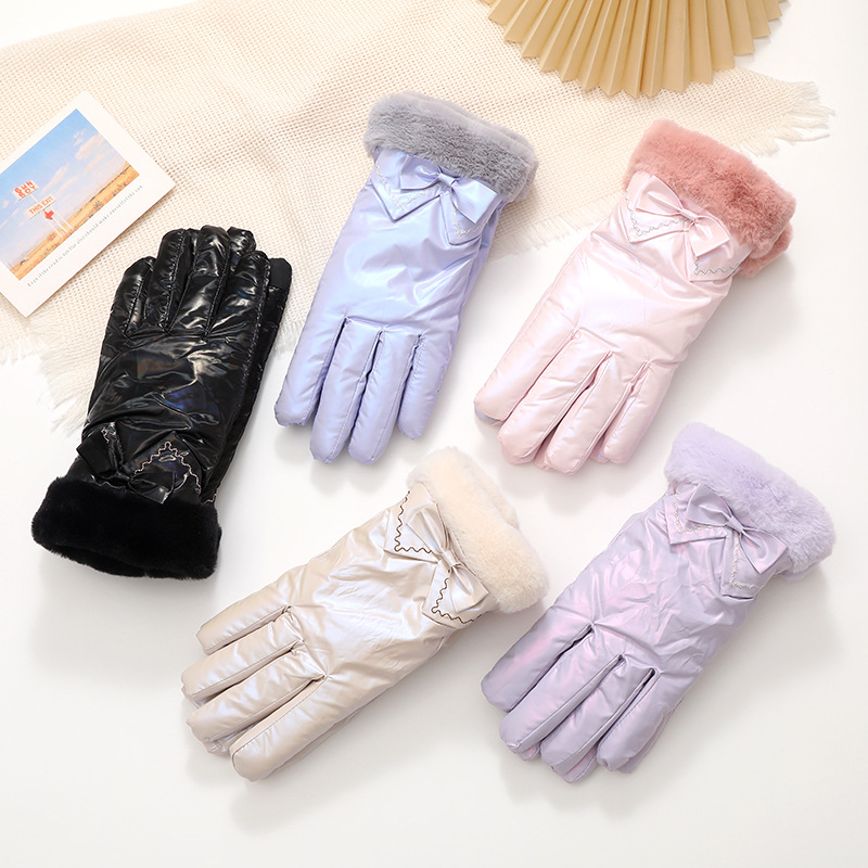 winter thick gloves women cycling electric bike warm plush cotton gloves waterproof bow ski gloves wholesale