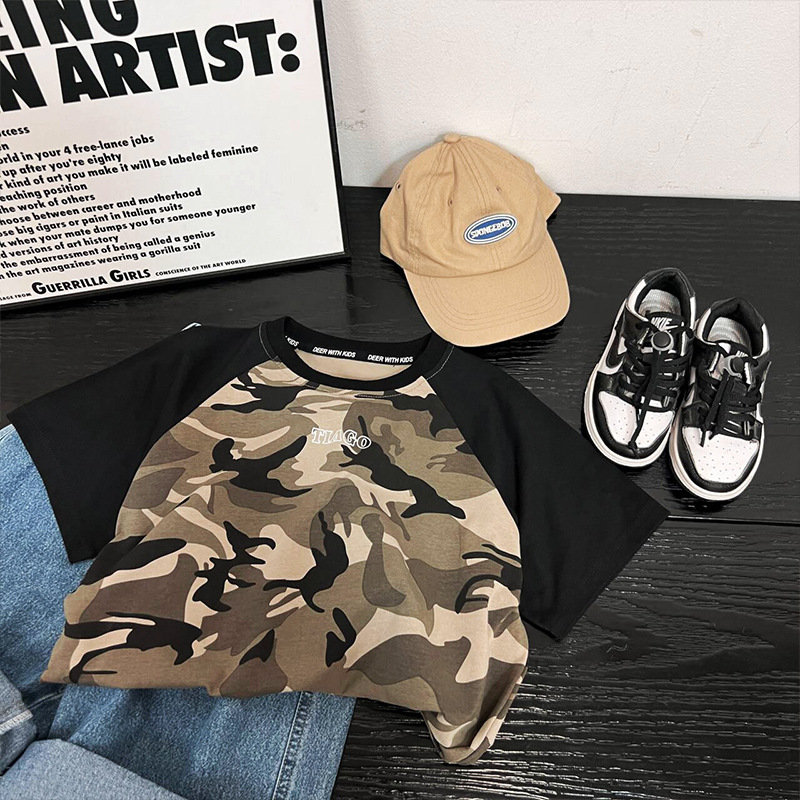 Summer boys' camouflage short-sleeved T-shirt 2024 summer wear, Zhongda Children's Summer Camp military training uniform with shoulder sleeves, children's T-shirt Application Scenario