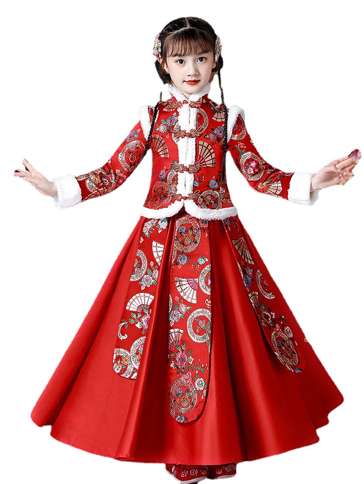 Girls' Hanfu dress, winter dress, New Year dress, New Year clothes, princess dress, children's dress with fleece, New Year greeting dress, winter Application Scenario