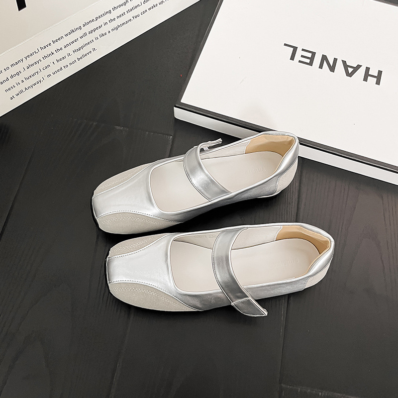 Spot Small Silver Shoes Shallow Flat Heel Ballet Shoes Small Square Head Single Shoes Lazy Style Korean Retro German Training Shoes Women Specification drawing