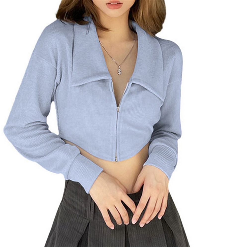 New autumn fashion trend women's wear long-sleeved, lapel, crop top, zipper cardigan and simple T-shirt Application Scenario