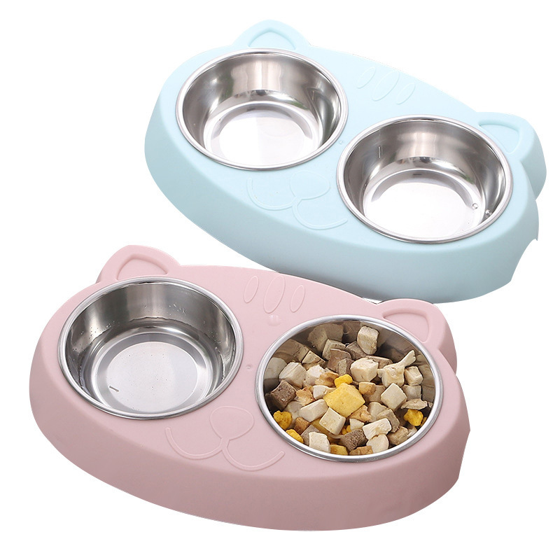 Ins-style macaron thickened export quality two-in-one pet bowl, big-eyed cute cat with stainless steel cat double bowl Application Scenario