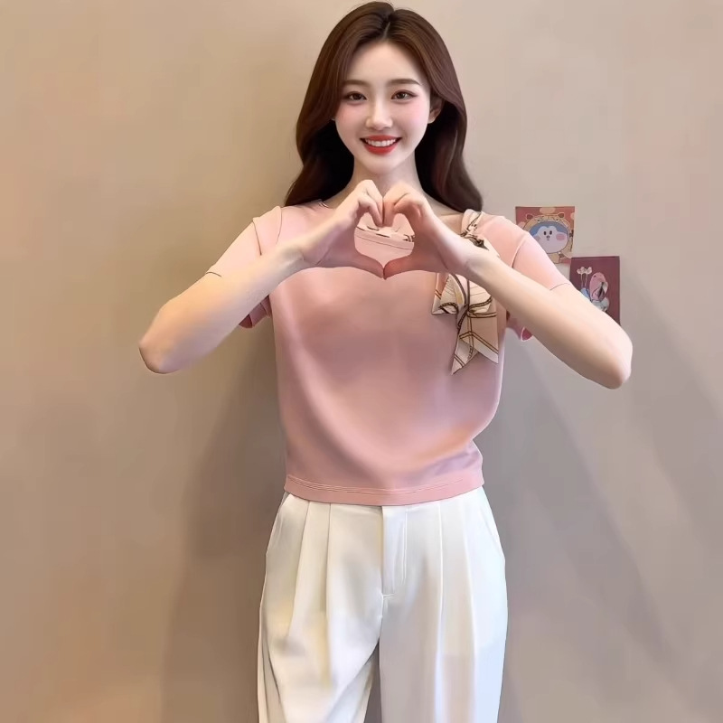 Summer new Korean-style hot girl pure Desire Sweet slimming bow slant-neck off-the-shoulder short-sleeved T-shirt top A10997 details Picture