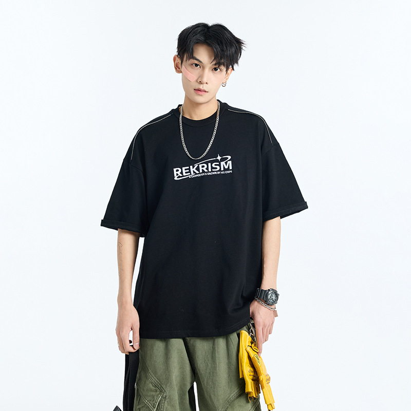 Heavy cotton short-sleeved T-shirt for men, Spring/Summer 2025, American letter print zipper design, loose and versatile base layer Specification image