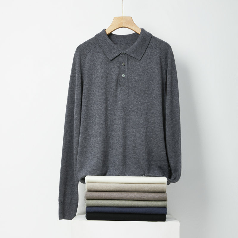 Men's long-sleeved knitted sweater with a lapel, comfortable and versatile sweater, wool sweater, men's simple style business casual POLO shirt